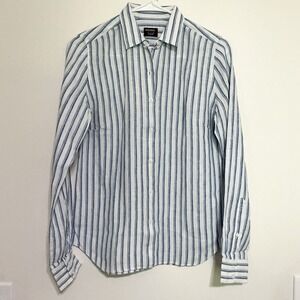 UNTUCKit Women's Size 2 100% Linen Button Up Shirt Blue &‎ White Striped NEW